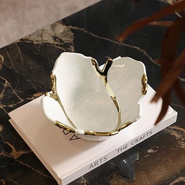 White Ceramic Decorative Bowl with Gold Detail