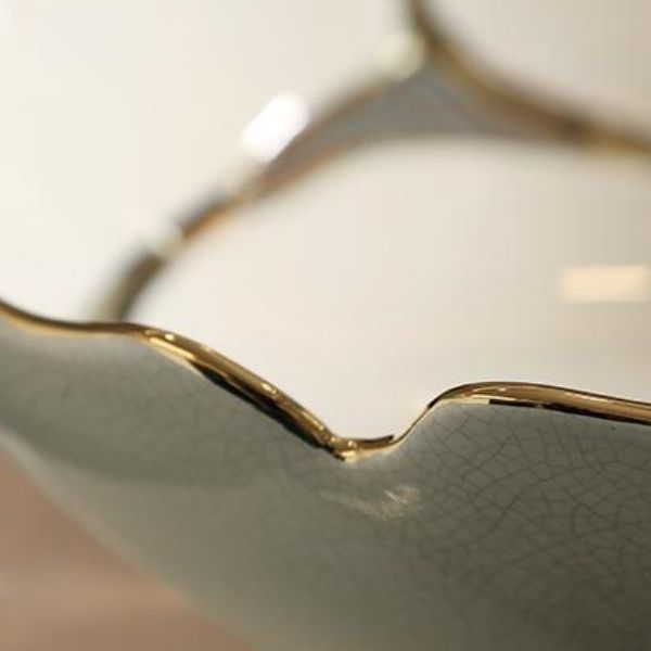 White Ceramic Decorative Bowl with Gold Detail