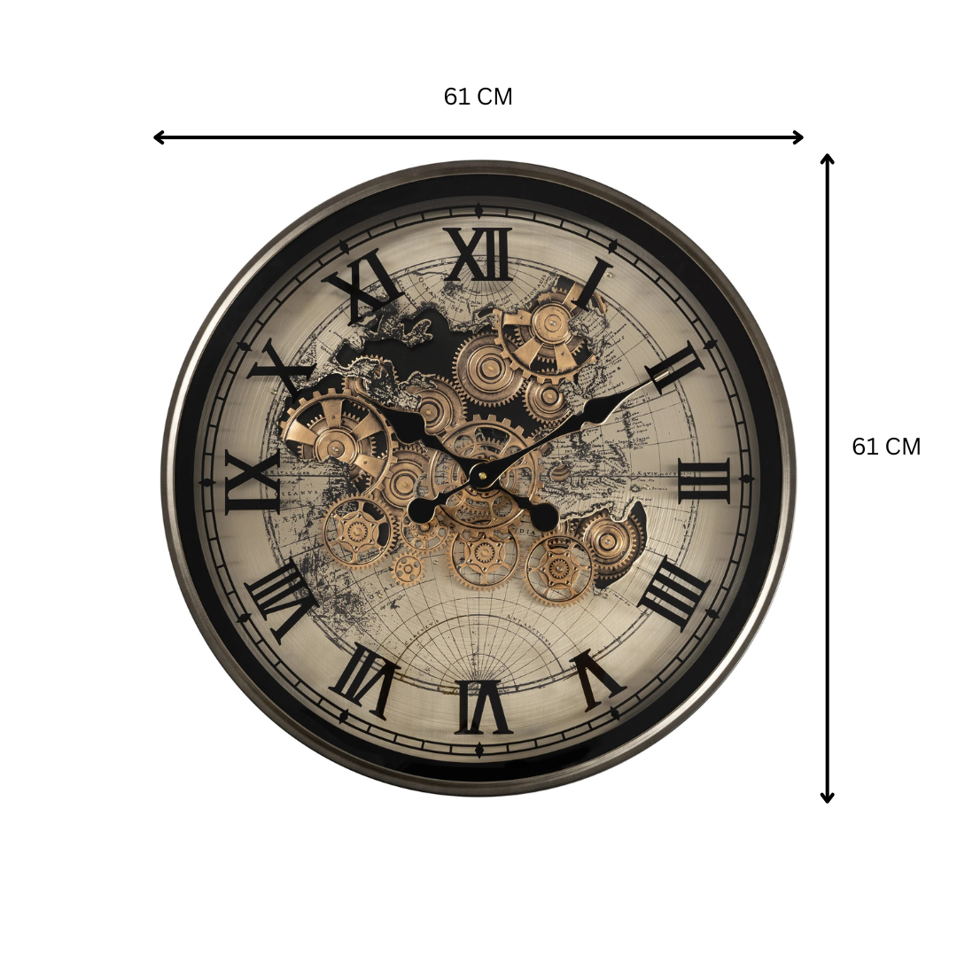 Victorian World Map Skeleton Real Moving Gear Wall Clock