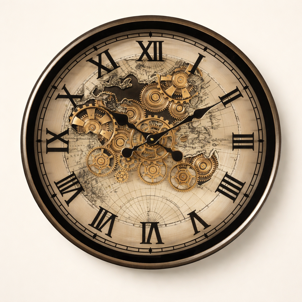 Victorian World Map Skeleton Real Moving Gear Wall Clock