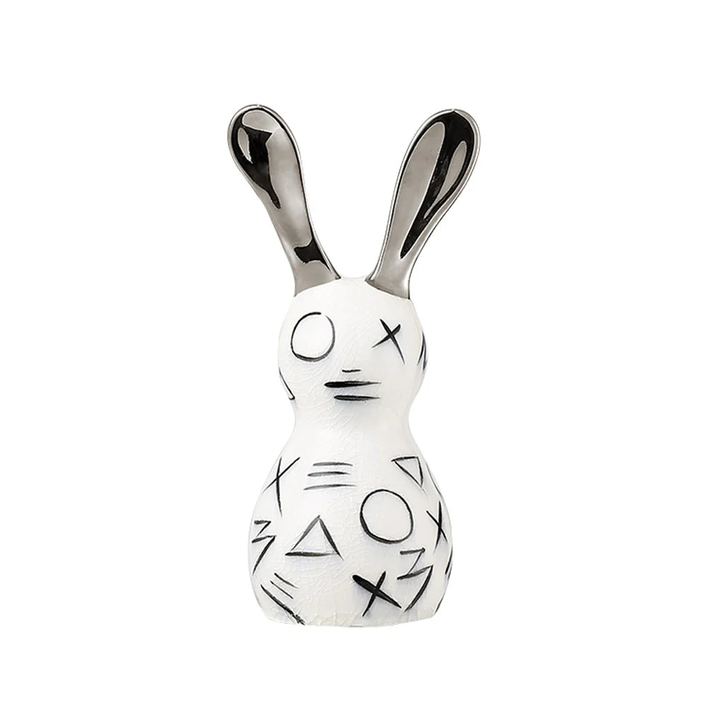 White Ceramic Rabbit Sculpture with Chrome Ears