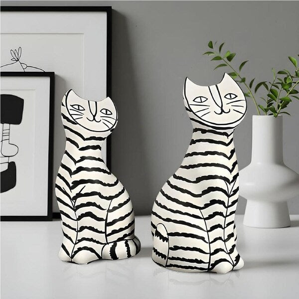 Black & White Striped Cat Resin Sculptures