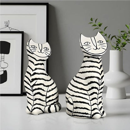 Black & White Striped Cat Resin Sculptures