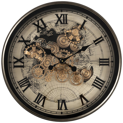 Victorian World Map Skeleton Real Moving Gear Wall Clock