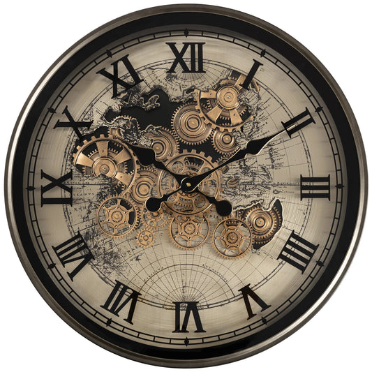 Victorian World Map Skeleton Real Moving Gear Wall Clock
