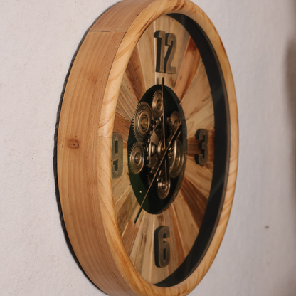 Large Vintage Wooden Retro Gear Wall Clock