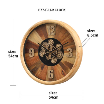 Large Vintage Wooden Retro Gear Wall Clock