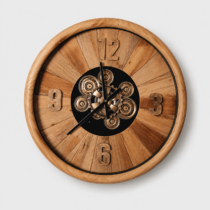 Large Vintage Wooden Retro Gear Wall Clock