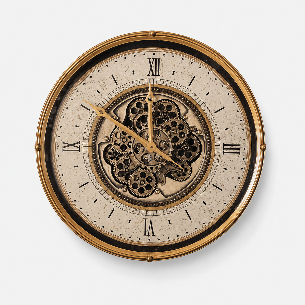 Compass Golden Metal Moving Gears Wall Clock