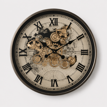 Victorian World Map Skeleton Real Moving Gear Wall Clock