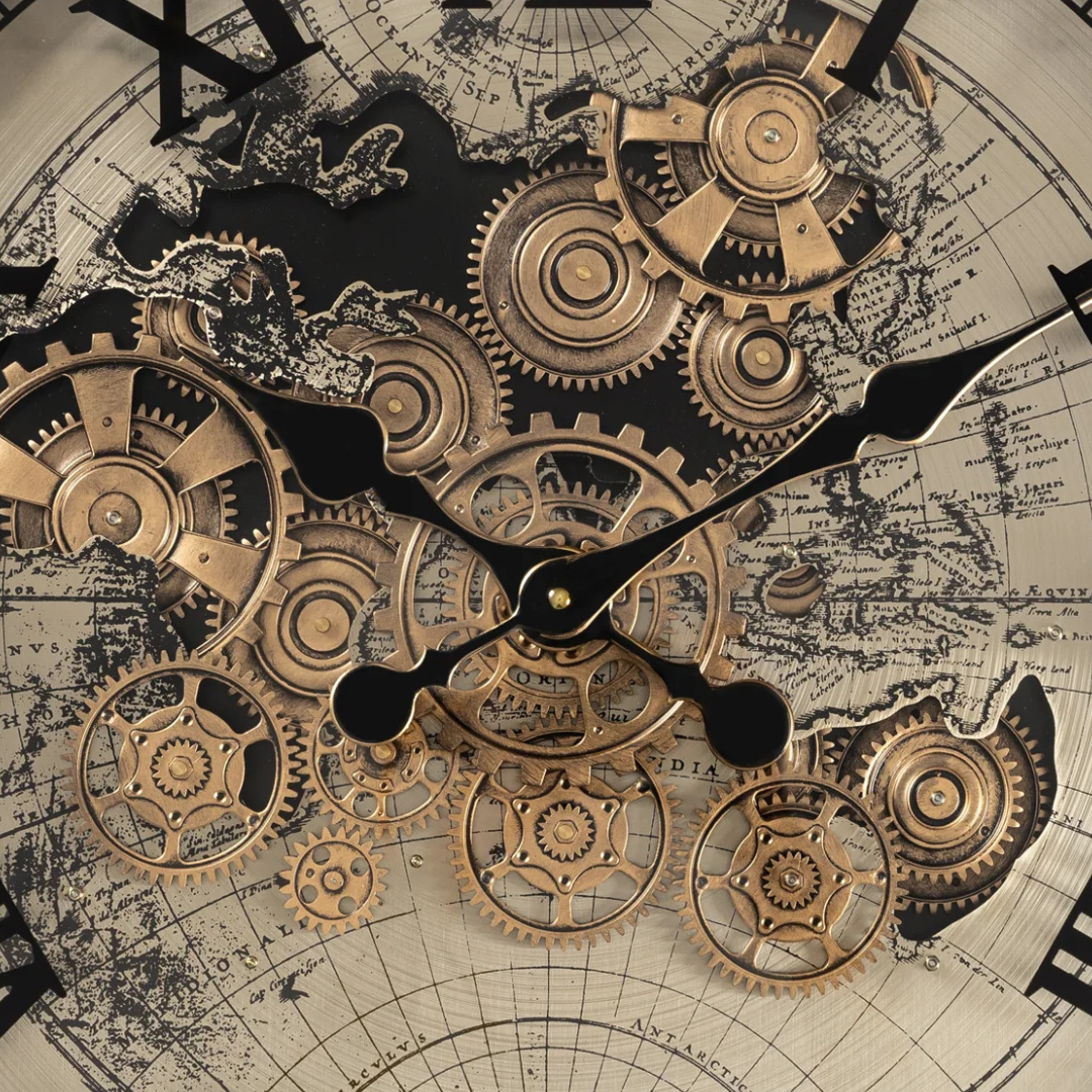 Victorian World Map Skeleton Real Moving Gear Wall Clock