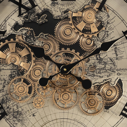 Victorian World Map Skeleton Real Moving Gear Wall Clock