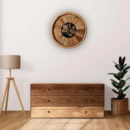 Large Vintage Wooden Retro Gear Wall Clock