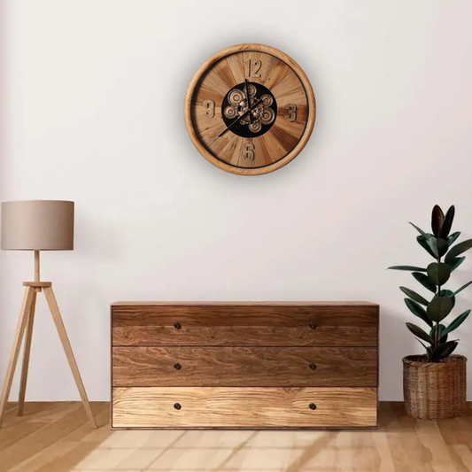 Large Vintage Wooden Retro Gear Wall Clock