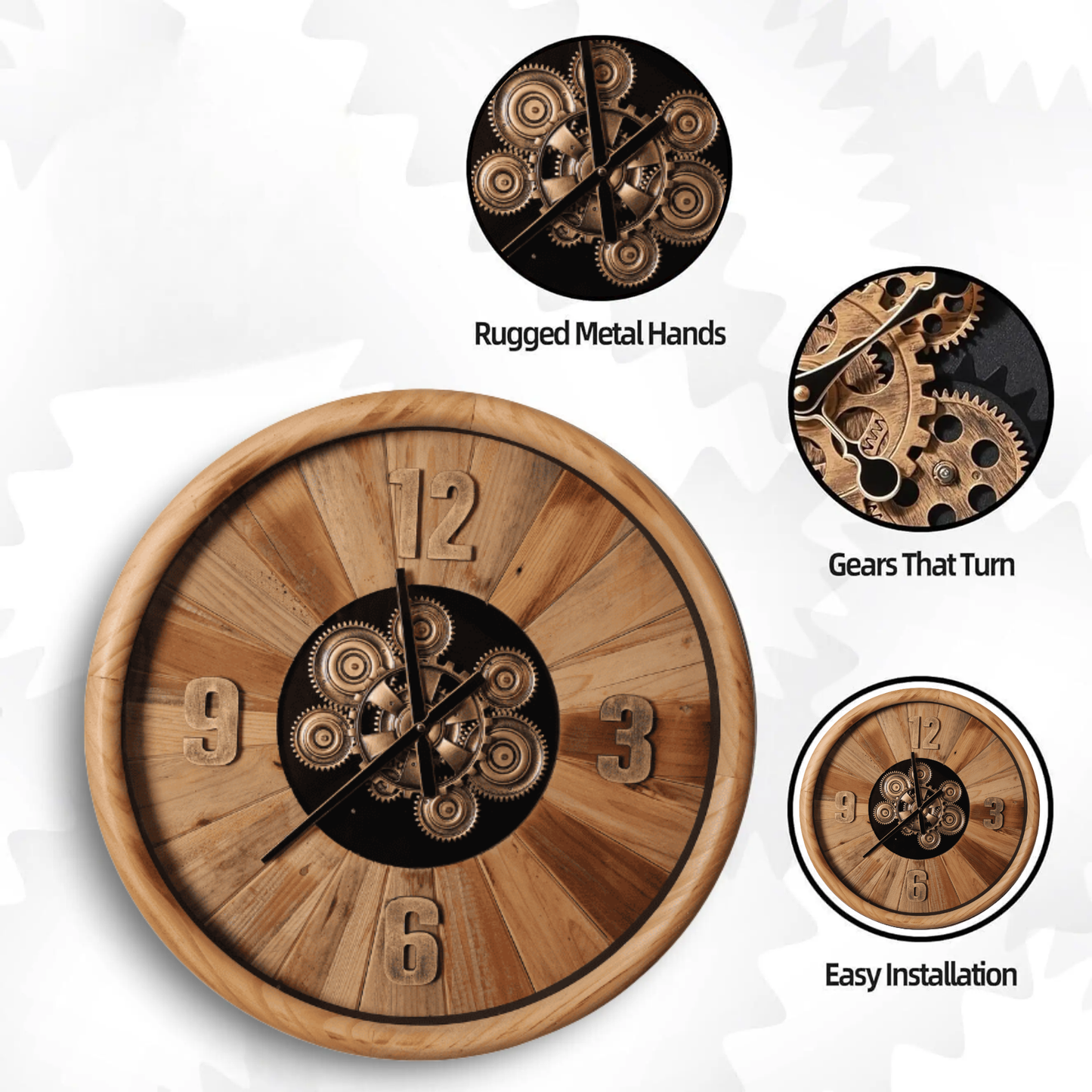 Large Vintage Wooden Retro Gear Wall Clock