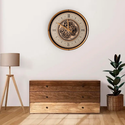 Compass Golden Metal Moving Gears Wall Clock