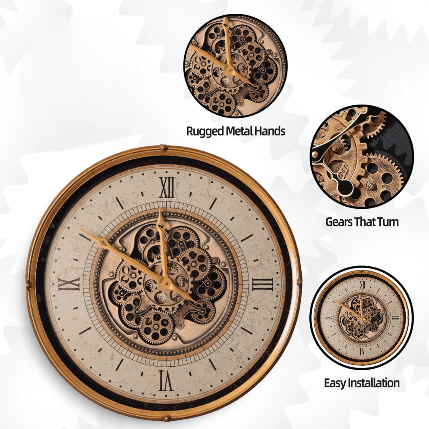 Compass Golden Metal Moving Gears Wall Clock